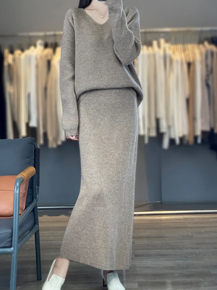 Autumn and Winter New V-neck Angora 00% Cashmere Sweater Women Loose Versitile Fashion Dress Sunken Stripe Fleece Knit