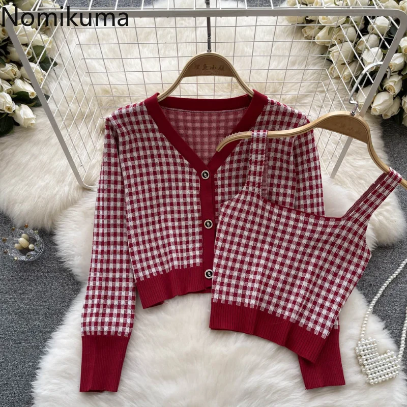 

Свитер Nomikuma женский осенне-зимний клетчатый с высокой талией Тонкий облегающий вязаный кардиган из 2 частей женский элегантный ретро-карди...