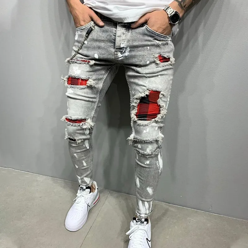 Ripped Jeans Men Fashion Skinny Grid Beggar Patches Slim Stretch Casual Denim Pencil Pants Painting Ripped Jeans For Men Black