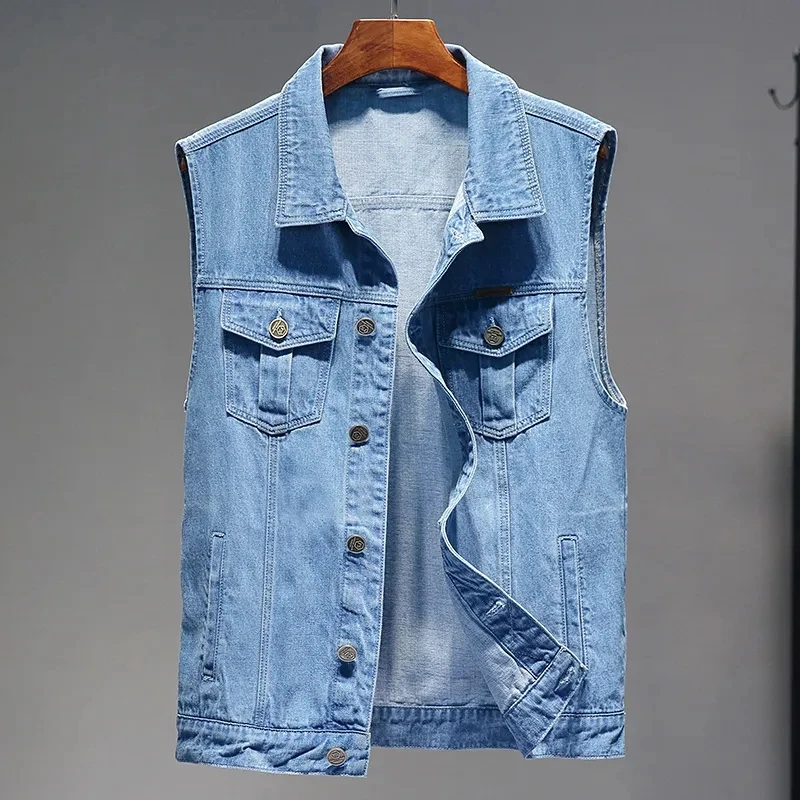 Summer Sleeveless Denim Vest Men Jacket Loose Thin Multiple Pockets Solid Single Breasted Jeans Waistcoat Casual Gilet Outerwear