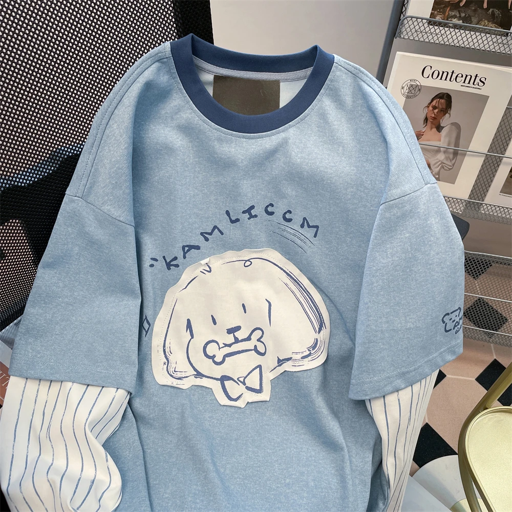 Japan fashion Applique Puppy Fake Two Pieces Long sleeves Shirt Women Autumn Chic Hong Kong Sle Retro Contrast Color Stripe...