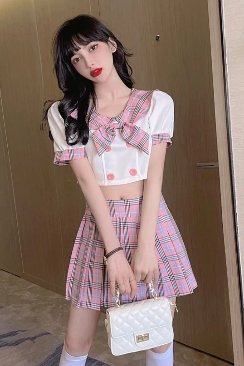 

Japanese School Uniform Kawaii Girls JK Suit Woman 2pc High School Student Sailor Pink Set Cosplay Costumes Anime Pleated Skirts