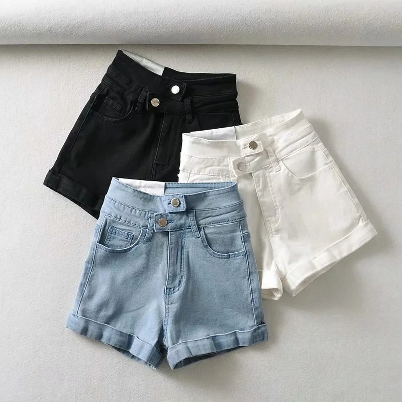 2021 Summer Women Solid Color Short Jeans Female New Trend High Waist White Curled Button Denim Shorts Korean Casual Y2k Bottoms