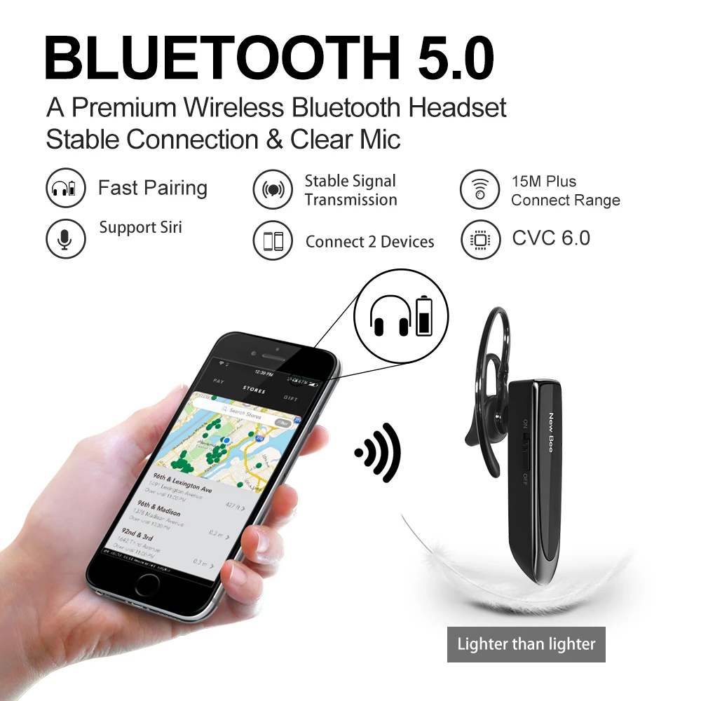Беспроводные наушники-вкладыши New Bee Bluetooth 5.0 с микрофоном и мини-гарнитурой для iPhone, Xiaomi и других устройств - 24 часа работы.