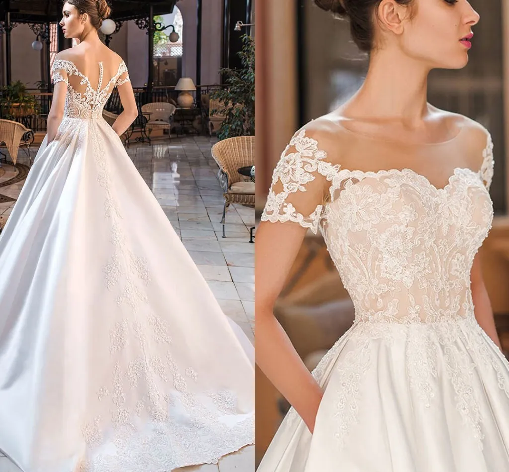 

Satin A-Line Appliques Sweetheart Wedding Dresses Off Shoulder Button Backless Floor Length Bridal Gowns Robe De Mariée