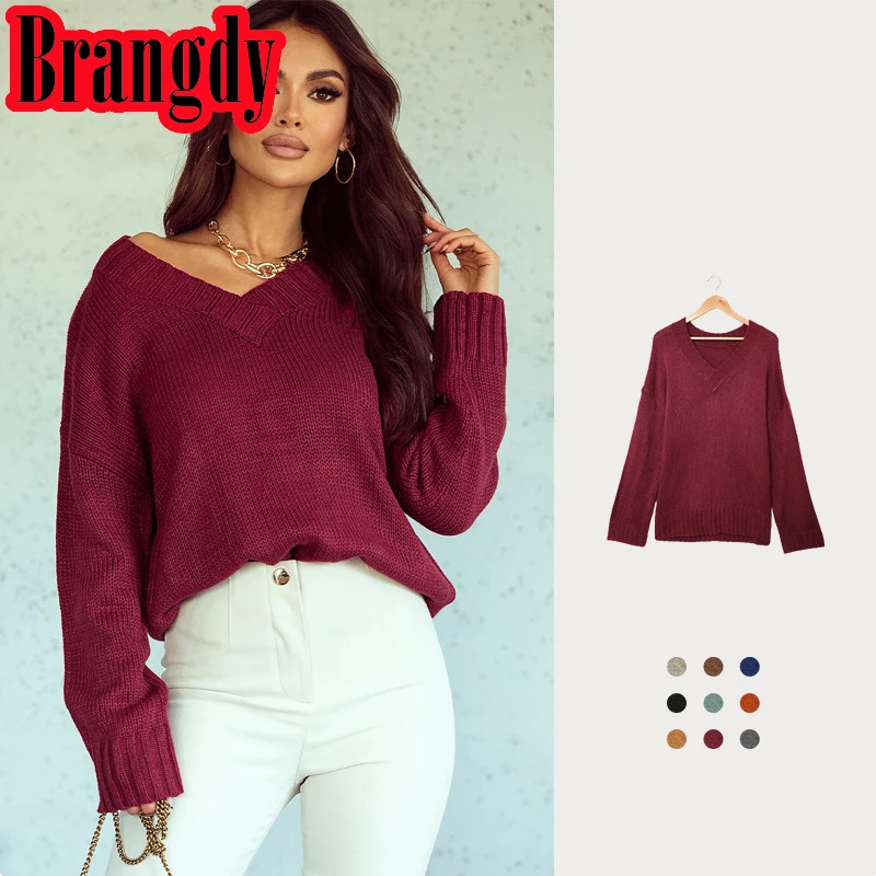

Women's 2023 Winter New Solid Color and V-neck Long Sleeve Loose Casual Knitted Top European and American Pullover Sweater