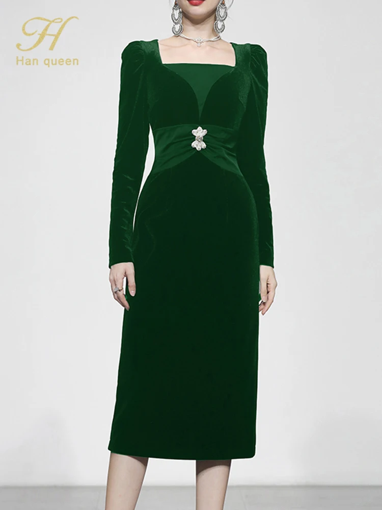 

H Han Queen Winter Vintage Velvet Vestidos Simple Chic Work Wear Sheath Pencil Dress Women Bodycon Office Casual Party Dresses