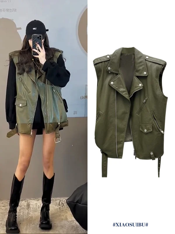 Full Clothes Women 2022 High Street Fashion Motorcycle Leather Vest Coat Woman Sleeveless Jacket Green Vests