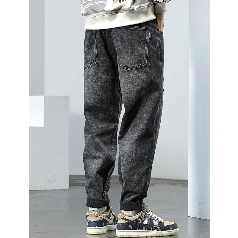 Streetwear Men Fashion New Pattern Recreational Black Haren Pants Hole Straight Cylinder Comfortable Loose Jeans Autumn Female