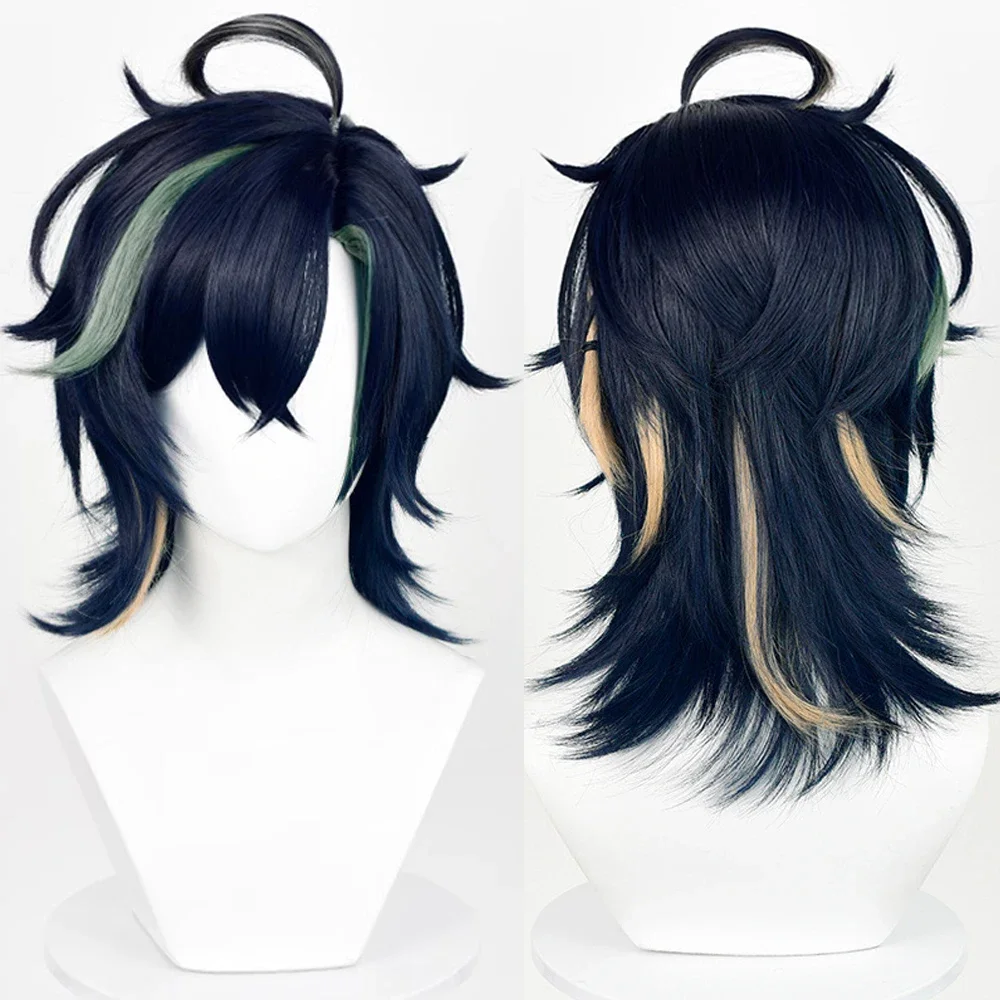 Genshin Impact Kinich Парик Синтетический Короткий Прямой Черный Синий Мелирование