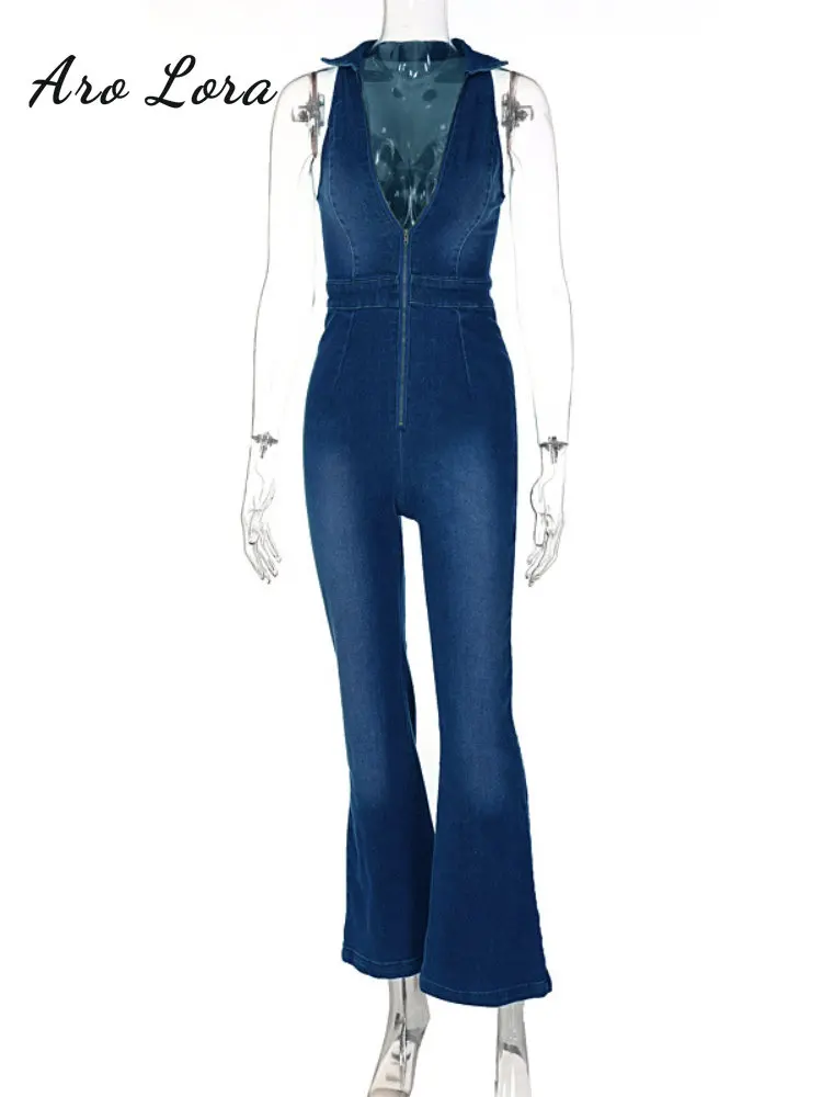 Elegant Sleeveless Denim Jumpsuit Women 2023 Summer Vintage Zipper Wide Legs Jumpsuit Streetwear High Waist Overalls For Women