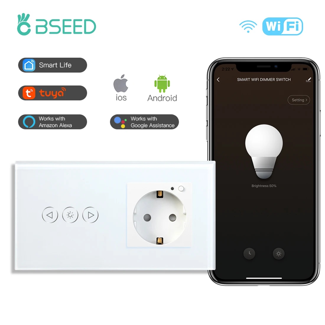 

BSEED Wifi Dimmer Light Switch With Smart Socket Led Touch Dimmerable Switch Glass Panel Tuya Smart Life Google Alexa Control