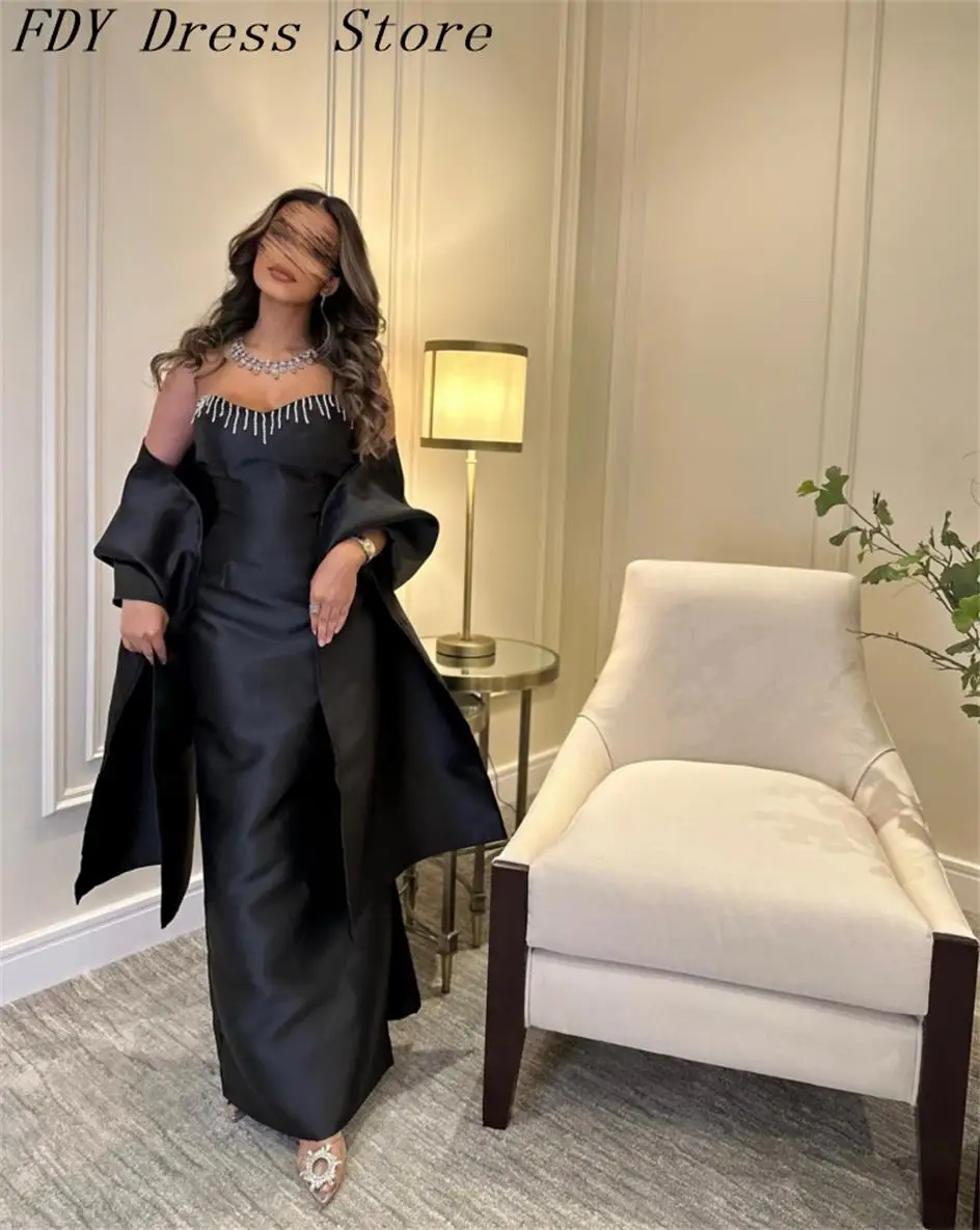 

Vintage Black Satin Mermaid Prom Dresses with Shawl Strapless Beadings Floor Length Party Dresses Formal Occasion Dress
