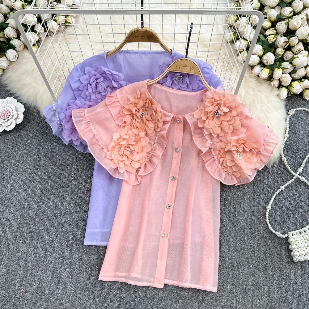 

Кукольная рубашка с воротником с объемным цветком и бусинами женская летняя Новинка свободный шифоновый топ с пышными рукавами