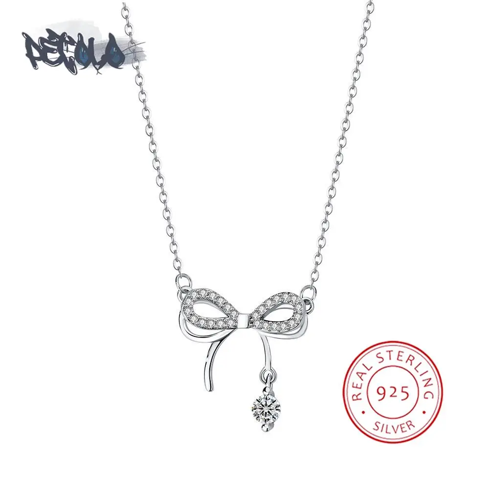 

Stylish 999 Sterling Silver Necklace for Women Fashion Bow Pendant Clavicle Chain Sparkle Zircon Jewelry Anniversary Gift