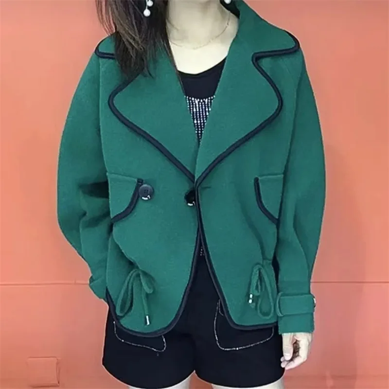 Женская двухсторонняя короткая куртка свободная шерстяная с длинным рукавом и