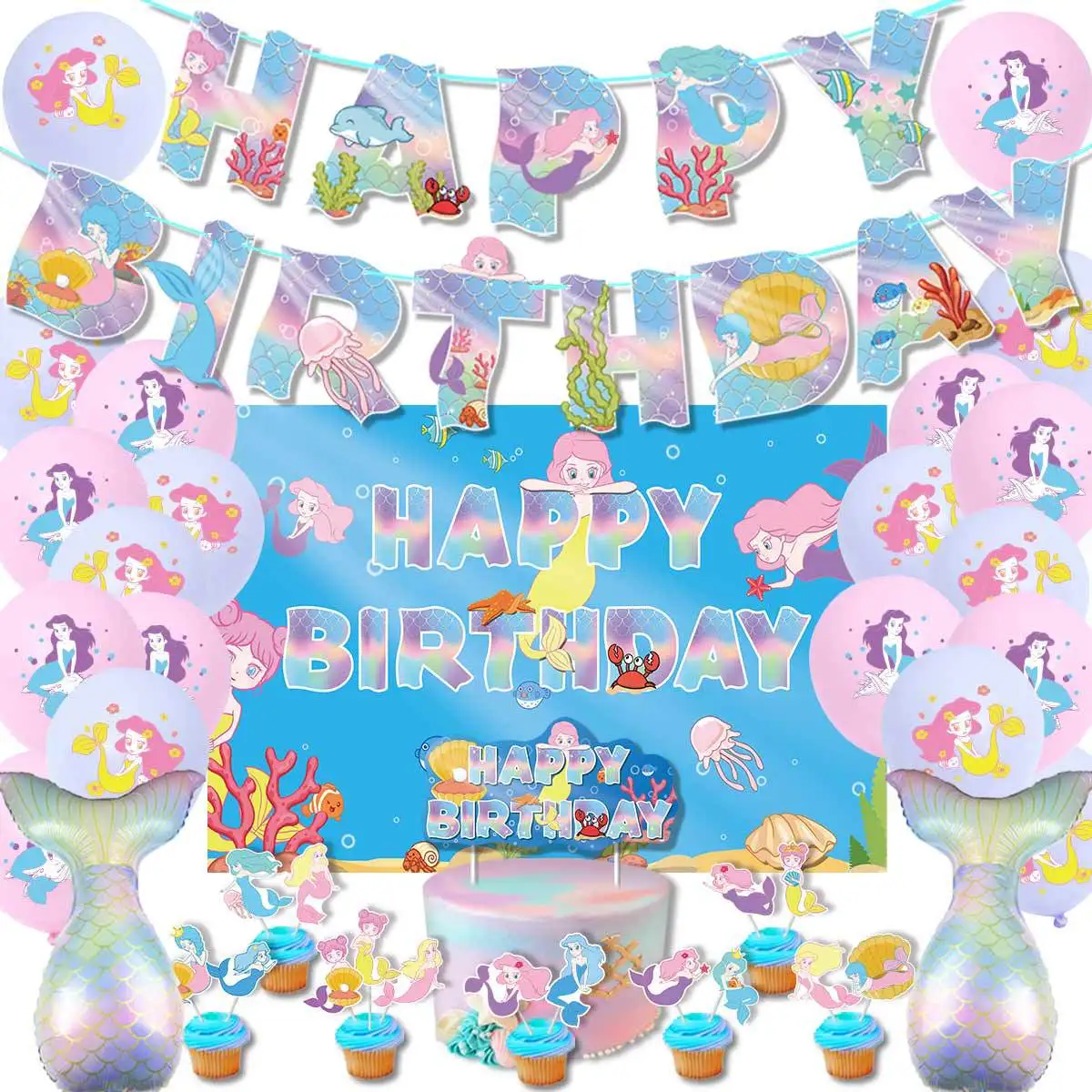 

Mermaid Balloons Happy Birthday Banner Card Cartoon Forest Animal Farm Pet Party Supplies Decoration Cake Topper Toy