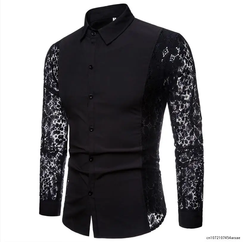 

Black Lace Shirt Men Autumn Tops New Slim Fit Long Sleeve Mens Dress Shirts Nightclub Prom Marriage Shirt Camisas Masculina