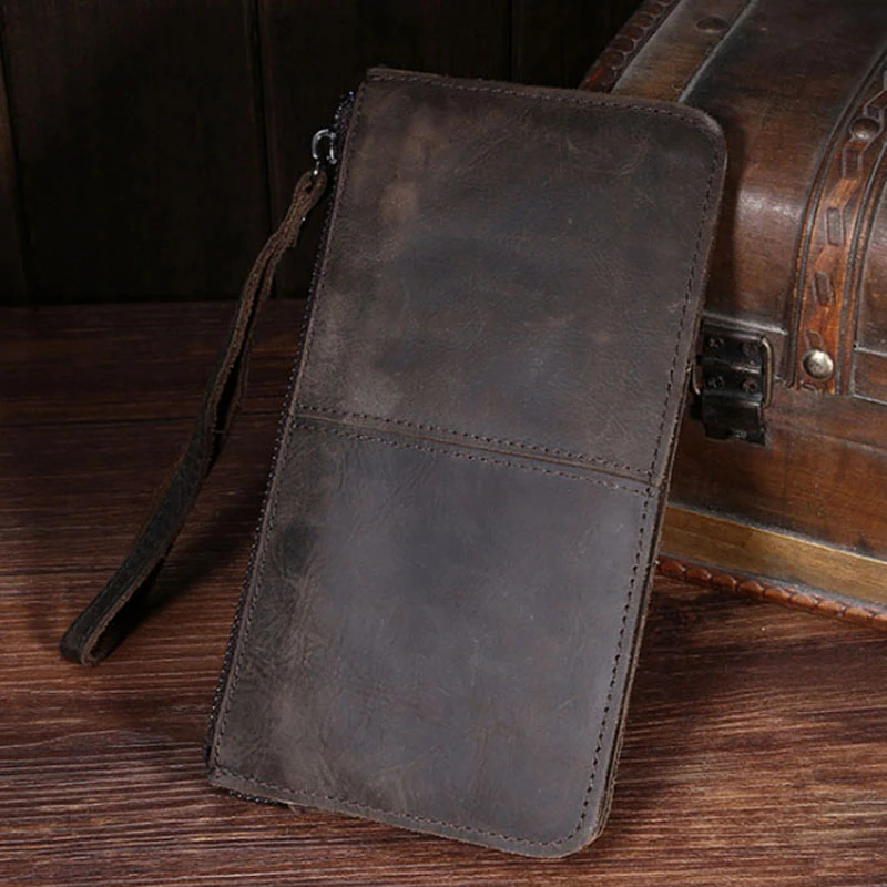

Genuine Horse Quality Men Crazy Cowhide Retro Phone Handy Pocket Clutch High Coin Purse Male Wrist Leather Case Wallet Cell Bag