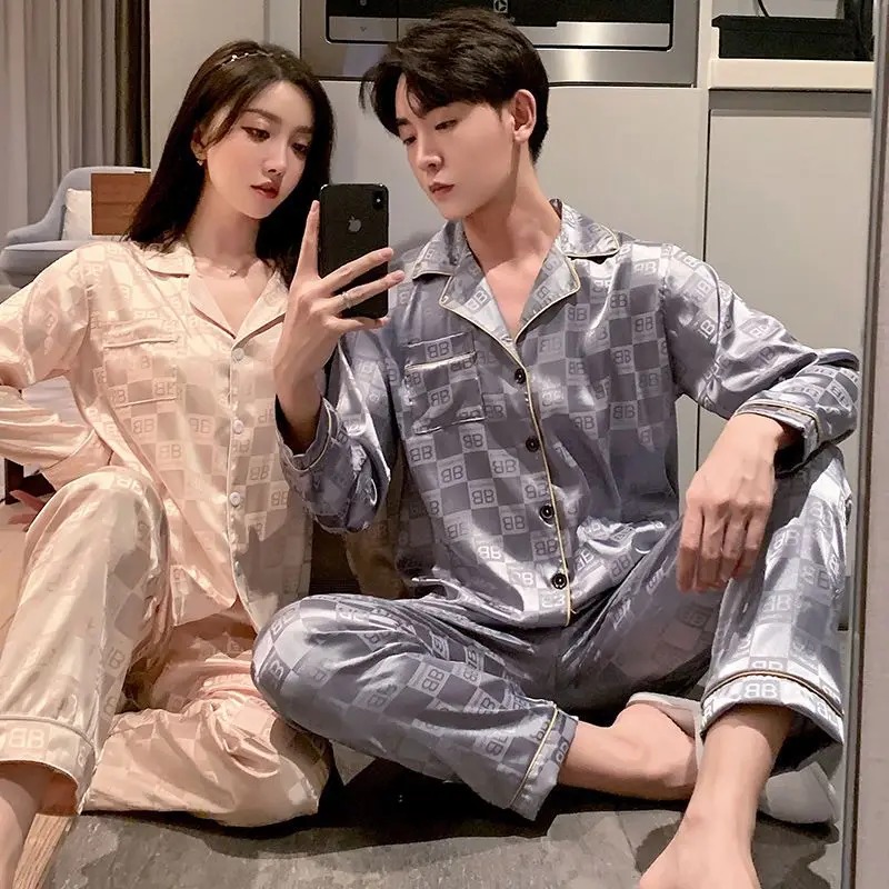 Lovers pajamas female paragraphs in the spring and autumn long thin ice silk leisurewear emulation silk male suits summer