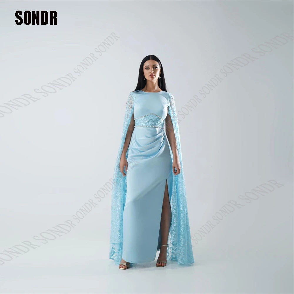 

SONDR Sky Blue Lace Long Slit Evening Dresses O Neck Full Jacket Sleeves Prom Dress Sequins Shiny Floor-Length Party Gowns