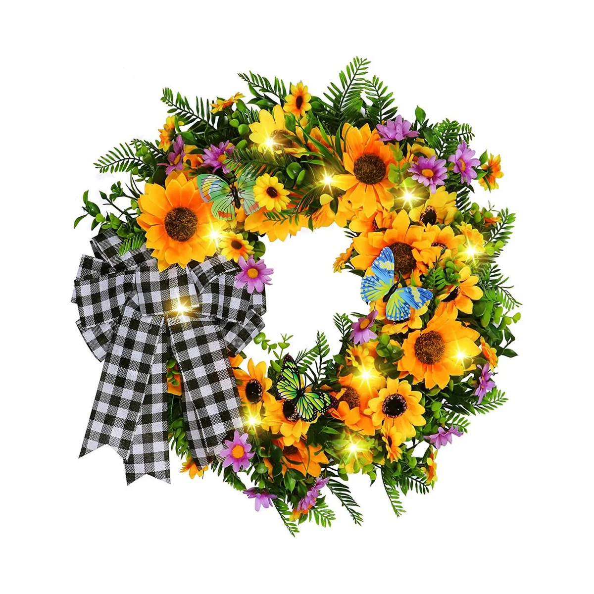 

18 Inch Sunflower Wreath, Spring/Summer Wreath with LED Lights for Front Door Farmhouse, Handmade Silk Flower Wreath