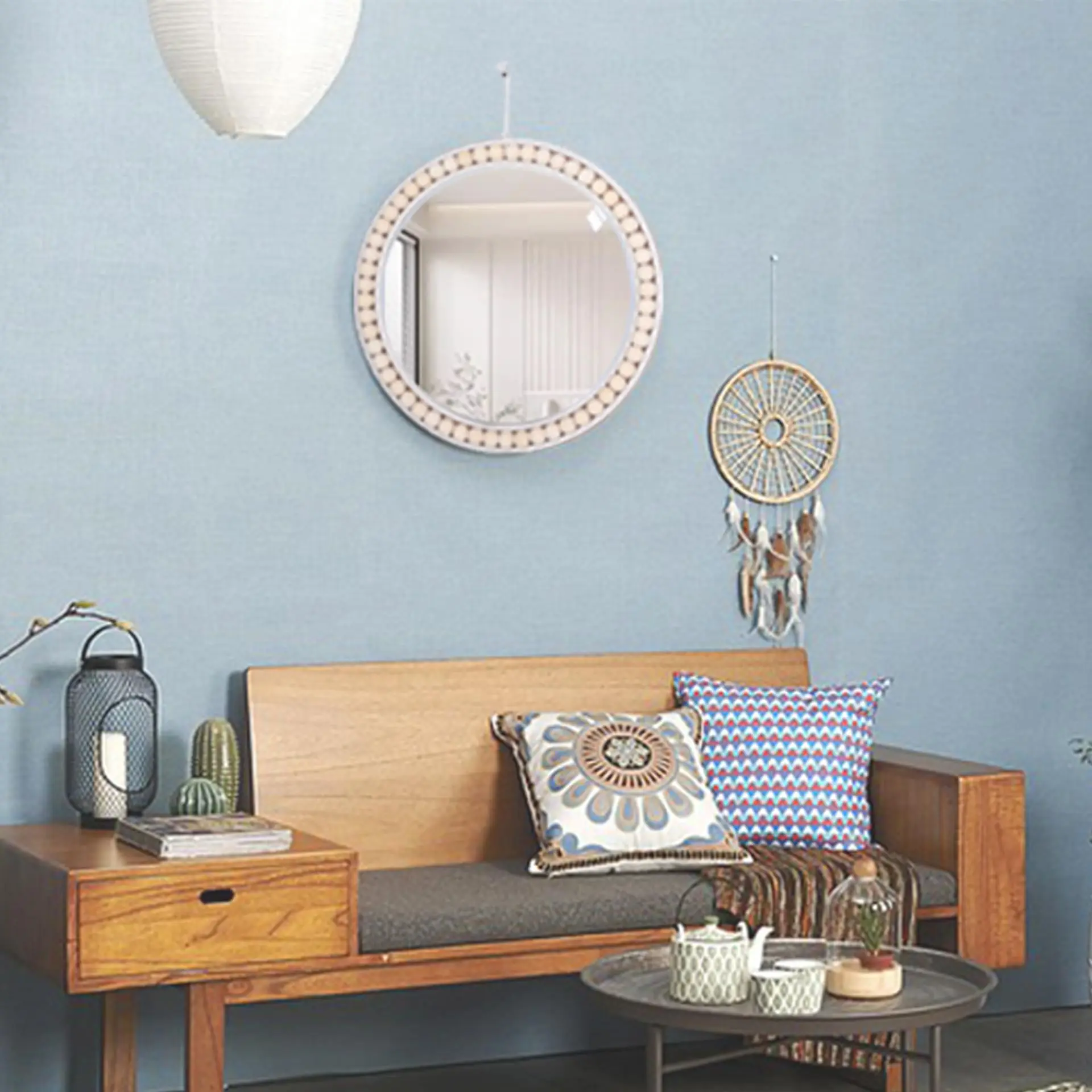 

Boho Wall Mounted Mirror with White Wooden Beads 12 Inch Round Decorative Hanging Mirror for Bathroom LivingRoom Bedroom Nursery