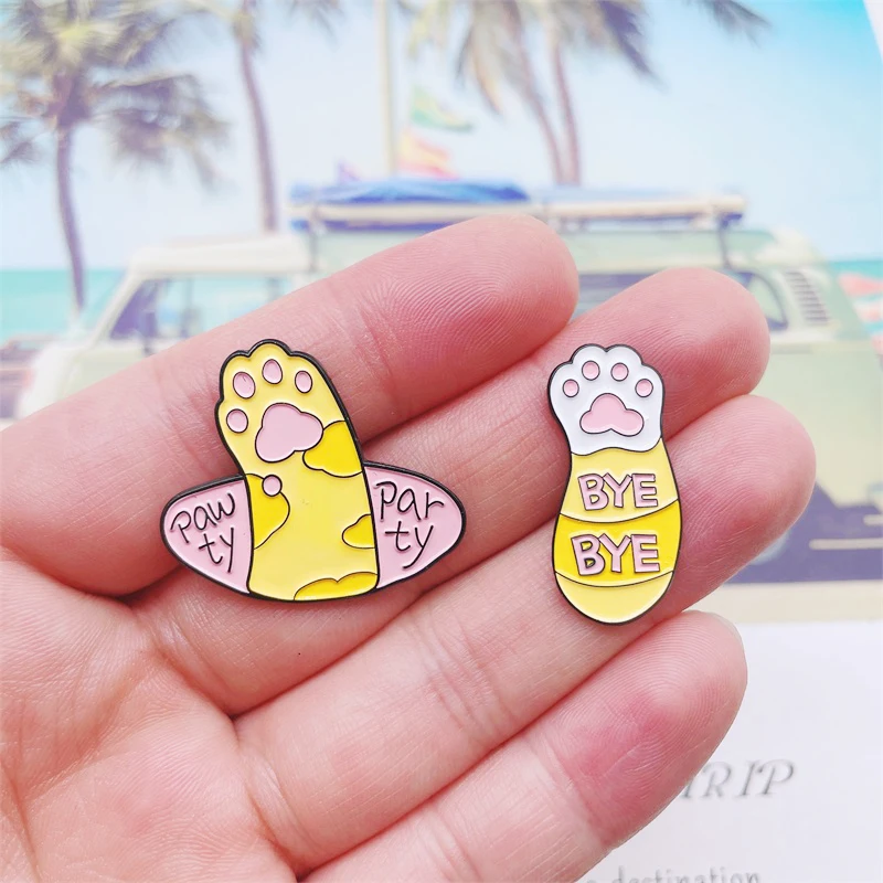 Cartoon Cute Animal Cat Paw Enamel Pins Pink Kitten Gesture BYE Fun Alloy Brooch Clothes Accessories Jewelry Gifts |