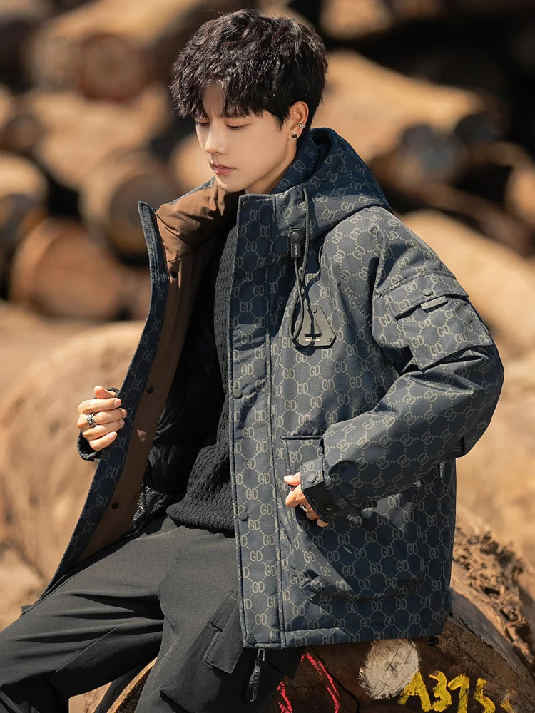 Мужская пуховая куртка с капюшоном и принтом новая зимняя утолщенная теплая