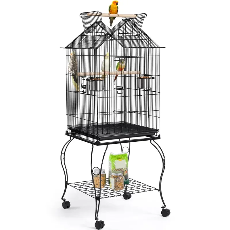 

57" Rolling Metal Parrot Cage Bird with Open Top, Black Large and Comfortable Easy Cleaning