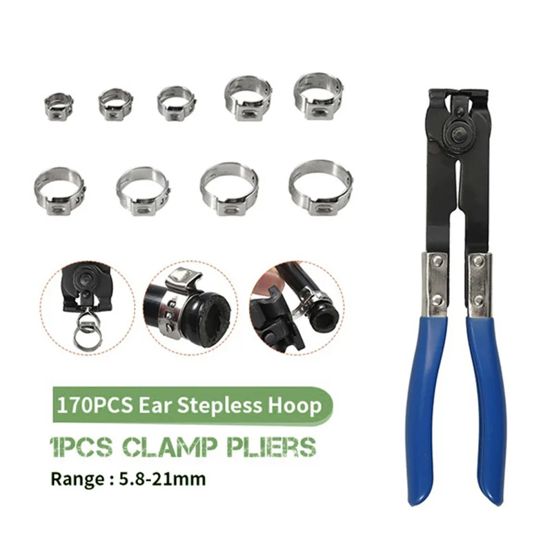 

170PCS 5.8Mm-21Mm Ear Stepless Hose Clamps 304 Stainless Steel Single Hose Crimping With Blue Clamp Pliers Wood Working Tools