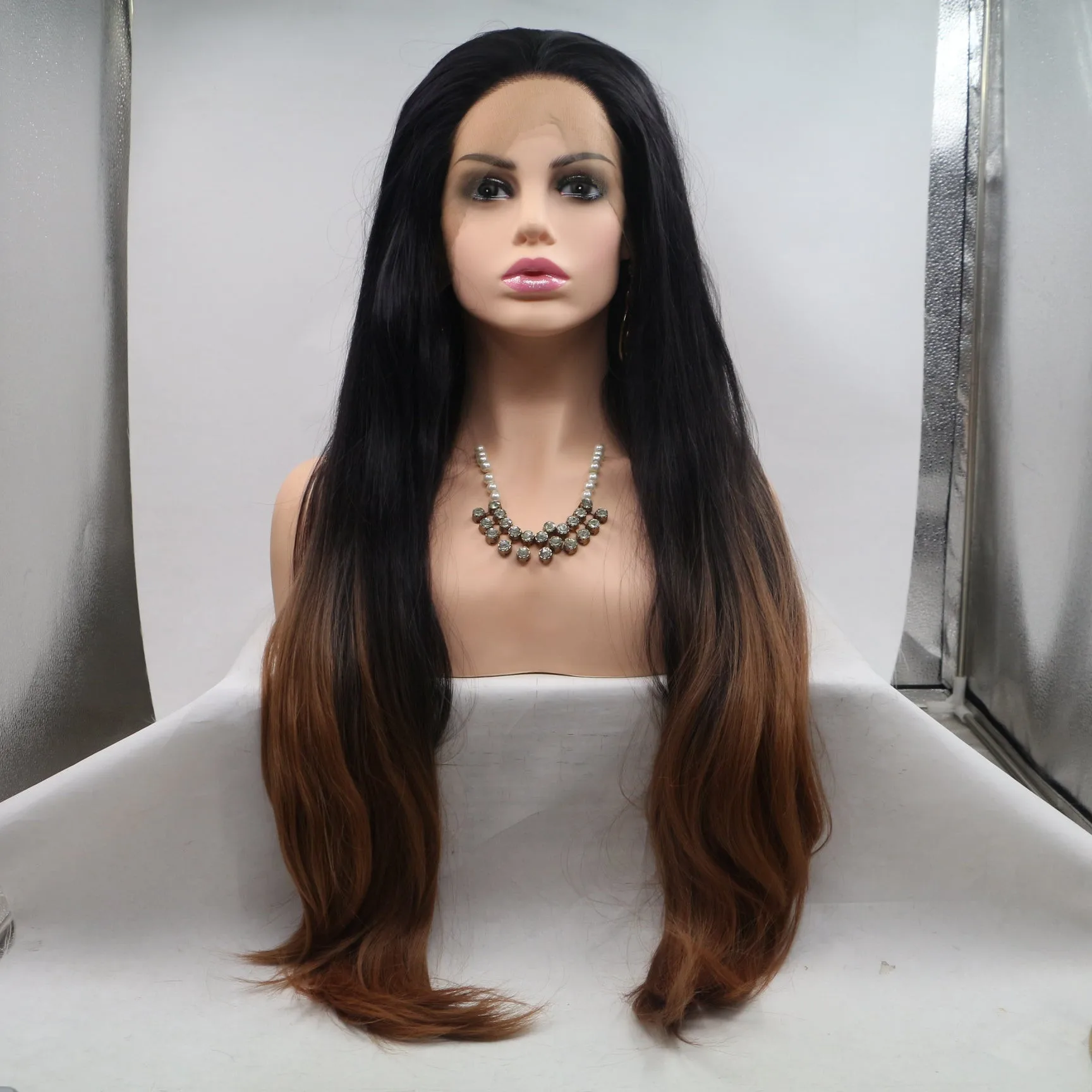 Black Brown Ombre Costume Women Wig Straight Long Lace Front High Heat Resistant Fiber Synthetic Hair Wigs