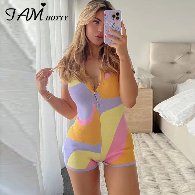

IAMHOTTY Y2K Colorful Patchwork Rompers Short Sleeves Buttons Harajuku Knit Bodysuits Bodycon Jumpsuit Elegant Cute Playsuits