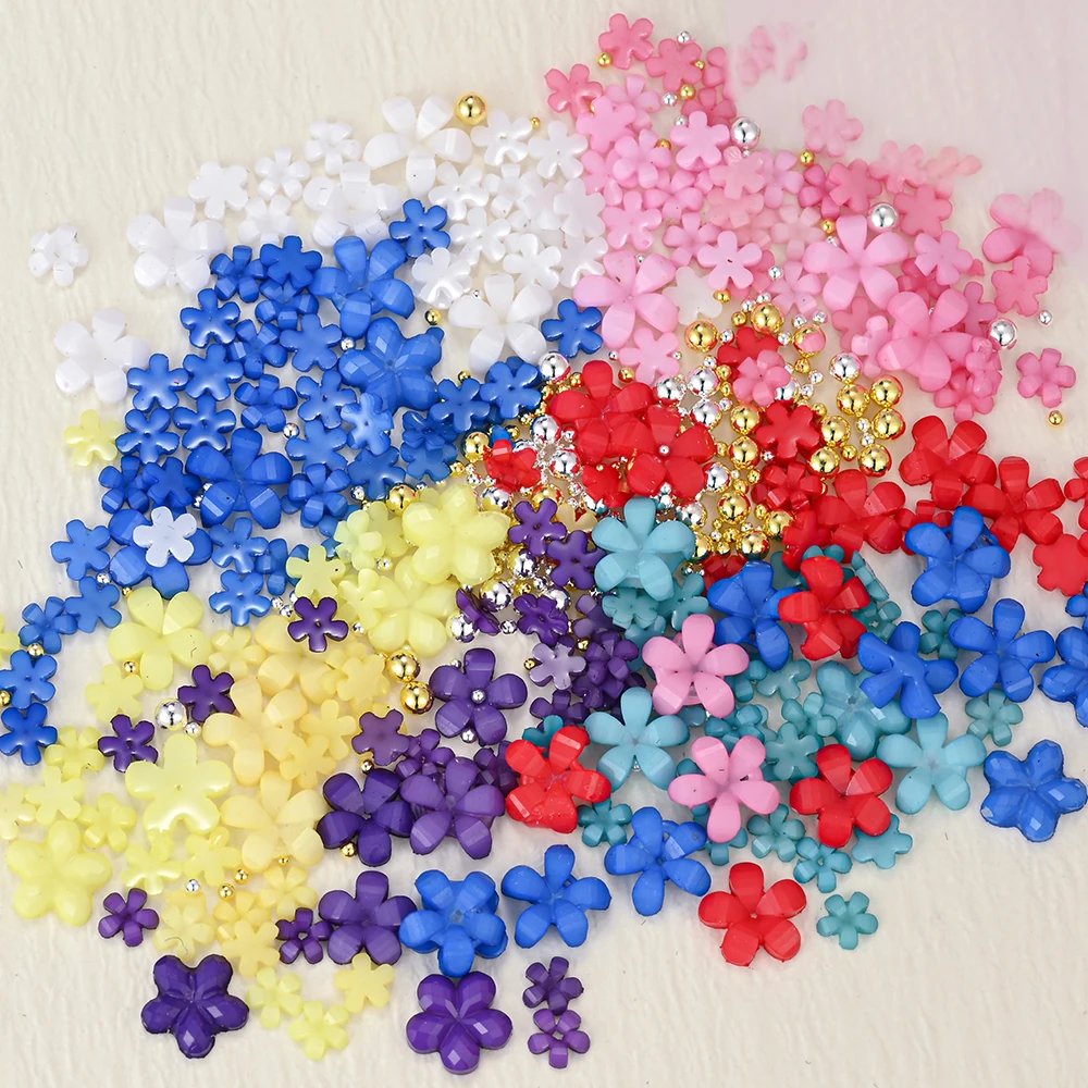 

5g/Bag Elegant Acrylic White Flowers Nail Art Jewelry Parts Mixed Gold Silver Beads Floral Decoration Design DIY Charm Accessori