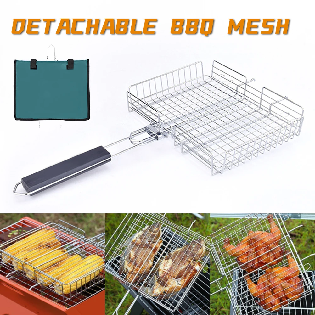 

BBQ Grilling Tray Basket Stainless Steel Heat Resistant Grill Basket with Detachable Handle for Chops Chicken Fish Easy to Clean