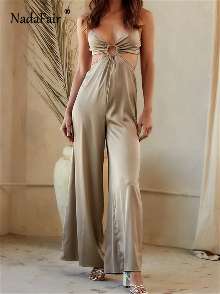 

Nadafair Women Jumpsuits Satin Cut Out Sexy Spaghetti Strap Wide Legs Pants Playsuit Summer Fashion Luxury Chain Backless Party