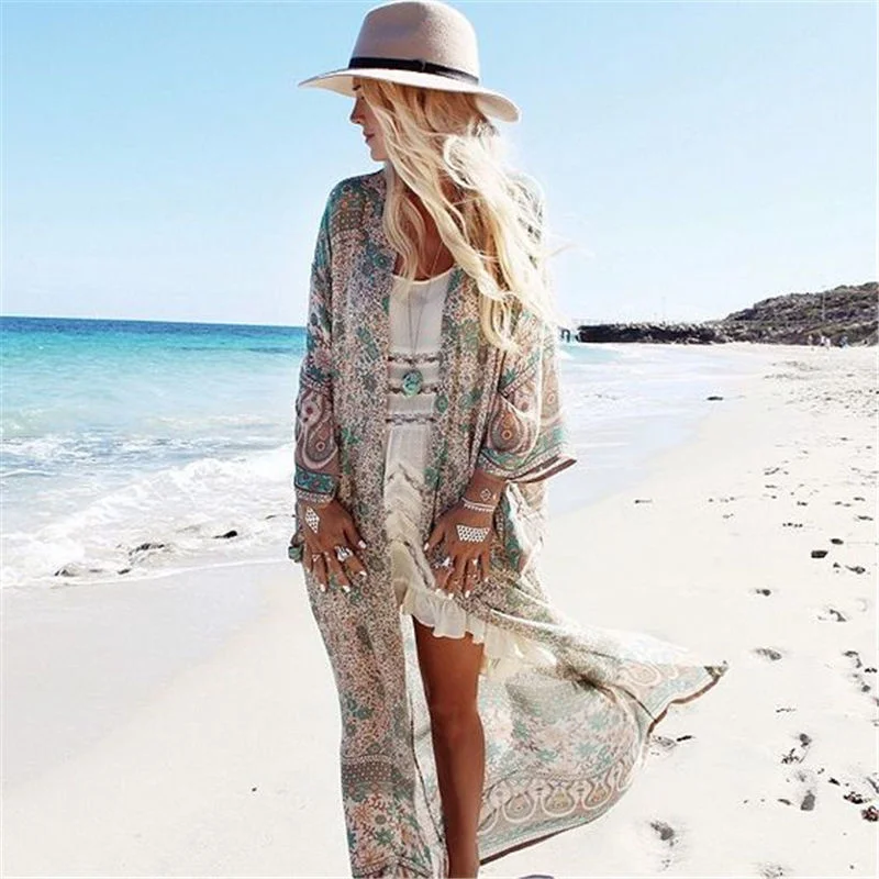 

Bohemian Printed Ankle Length Beach Cover Up Plus Size Women Summer Beachwear Chiffon Bathing Suit Coverup Kimono Cardigan N23
