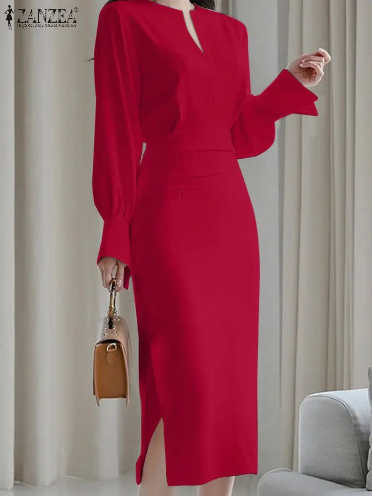 

ZANZEA Casual V Neck Slimming Dresses Elegant Midi Dress Women Long Sleeve Kleid Robe 2023 Autumn Pleating Waisted Slit Vestidos