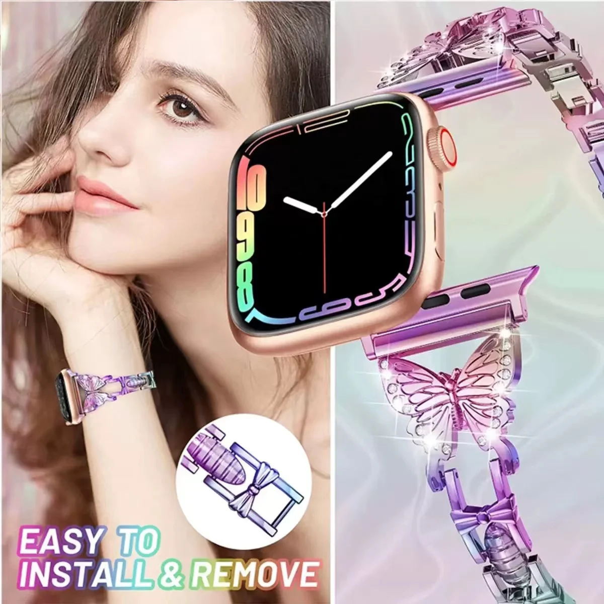 Metal strap For Apple Watch Band 45mm 41mm Stainless Steel Butterfly Style Bracelet For iWatch 8 7 6 5 4 SE 44mm 42mm 40mm band
