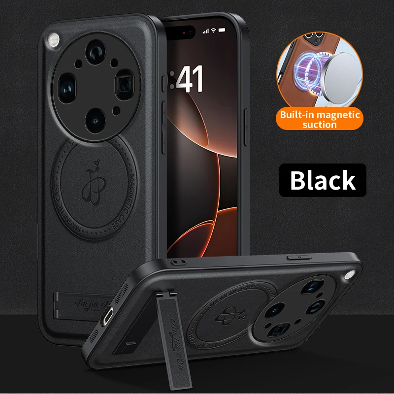 Фото Кожаный чехол-подставка Magsafe для OPPO Find X9 Ultra с магнитной беспроводной зарядкой, противоударный, с защитой камеры для Find X9 Ultra №1