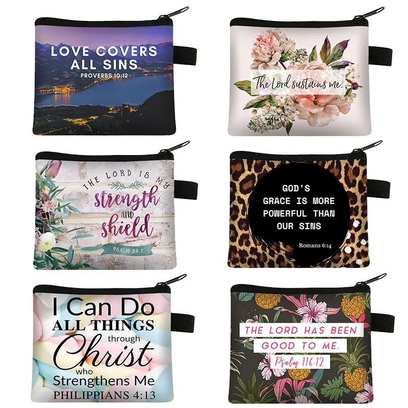

Christian Bible Verse Witch Coin Purse Women God He Will Sustain You Money Bags Credit Card Earphones Holder Coin Bag Mini Purse