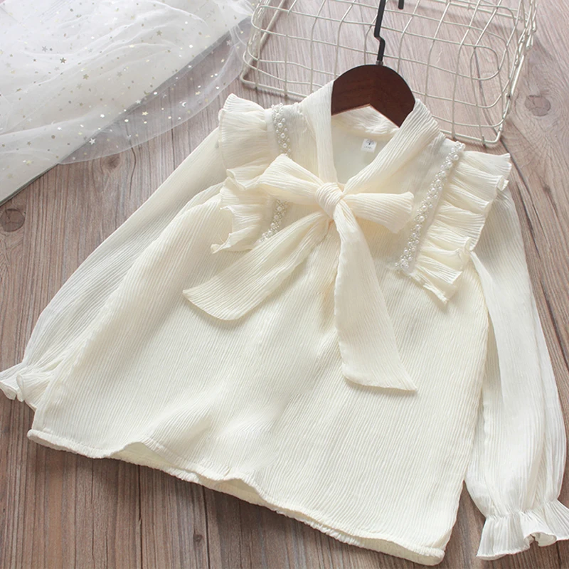 

Spring Girls Blouses Chiffon Long Sleeve Preppy Cute Kids White Shirts Cotton Girls Clothes School Uniform Tops