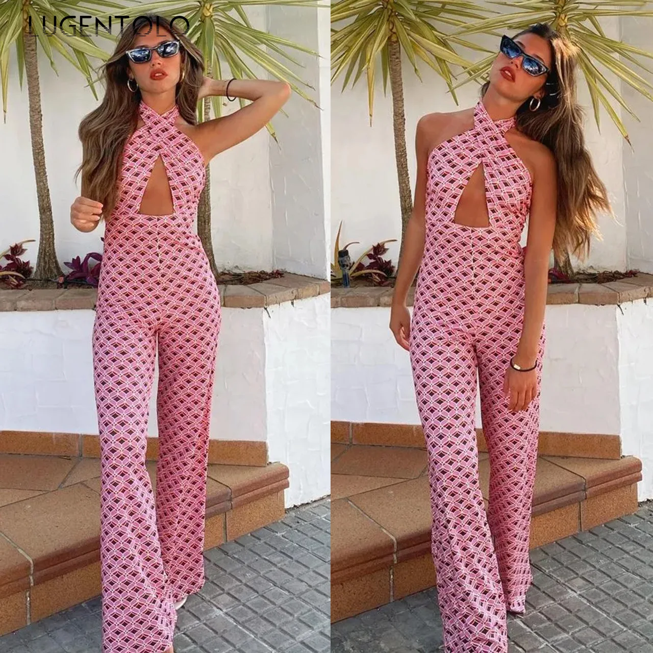 

Lugentolo женские горячие милые комбинезоны сексуальные с перекрещивающимися бретельками с модным принтом женские летние прямые брюки с высокой талией