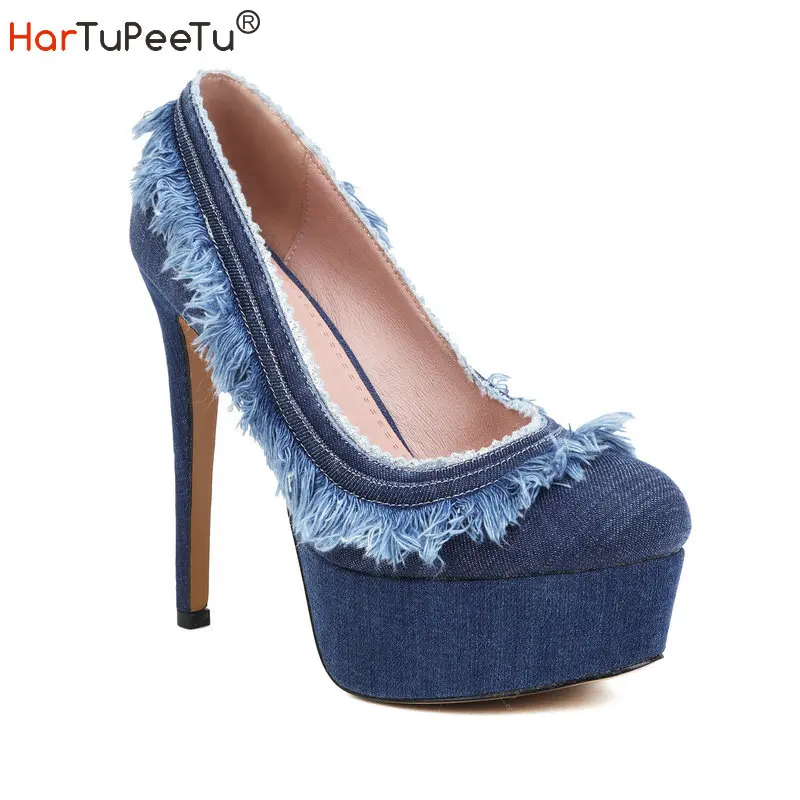 Sexy Platform Pumps Women 2022 Thin High Heels 12.5cm New Fashion Denim Shoes Comfortable Dress Party Wedding Stiletto