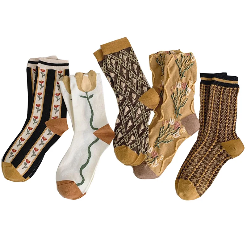 

2 Pairs Korean Style Women Socks Pure Cotton Designer Brand Long Socks Set Fashion Flowers Print Cute Autumn Winter Calze Donna