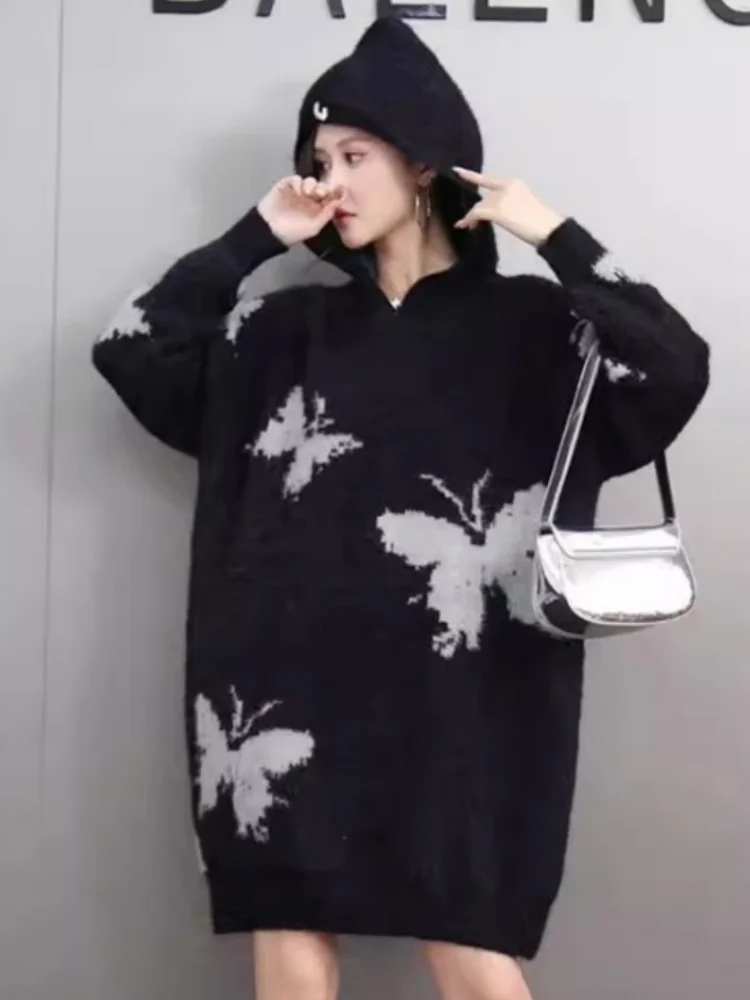 QING MO черный весна-осень 2023 новый женский пуловер с принтом бабочки свитер средней