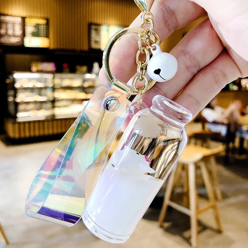 

2020 Creative Cute Piggy Floating Milk Bottle Keychain Moving Liquid Quicksand Drift Bottle Keyring For Women Bag Pendant D564