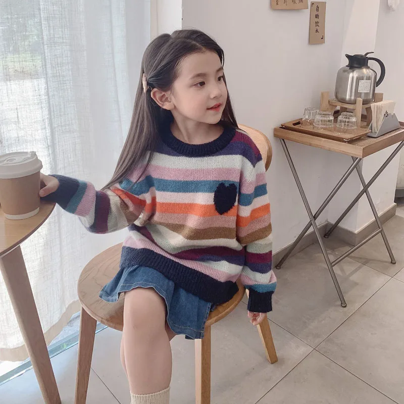 

Per-sale (Ship In Late September) 2022 BT Autumn Girls Clothes Knitted Rainbow Stripe Heart Sweater Baby Girl Winter Clothes