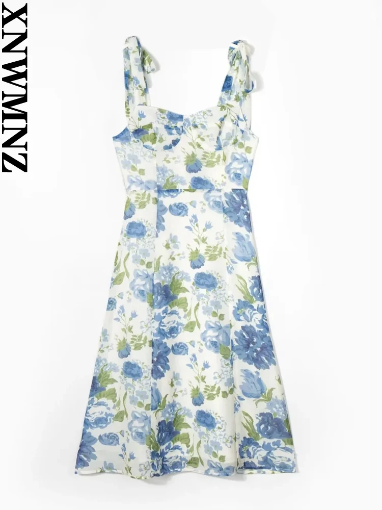 

XNWMNZ 2023 женское модное платье во французском ретро-стиле с принтом женское платье для отпуска с регулируемыми бретельками и открытой спиной женские шикарные платья миди