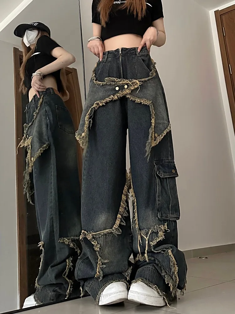 HOUZHOU Vintage Y2k Cargo Jeans Women Grunge Baggy Hippie Wide Denim Trousers High Street Punk Oversized 90s Aesthetic Jeans